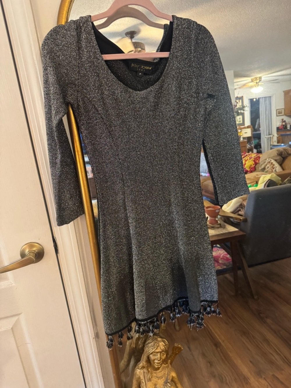 Betsey Johnson Metallic Silver Long-Sleeve Fit & Flare Dress with Tassel Hem